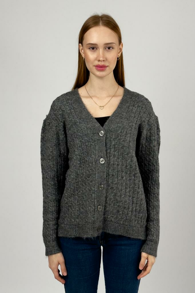 Kadın V Yaka Örme Triko Önden Düğmeli Kısa Hırka Füme - STD