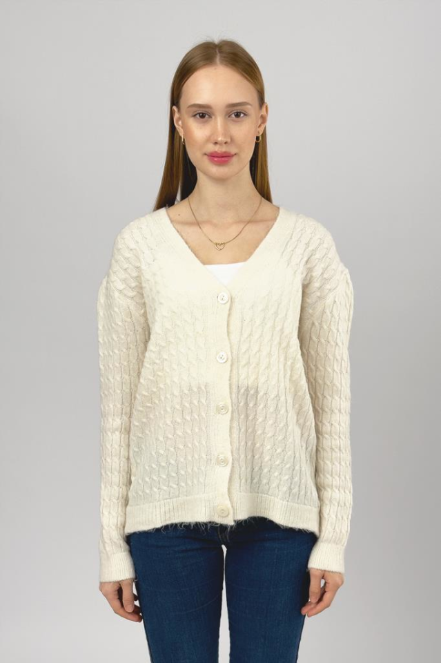 Kadın V Yaka Örme Triko Önden Düğmeli Kısa Hırka Ekru - STD