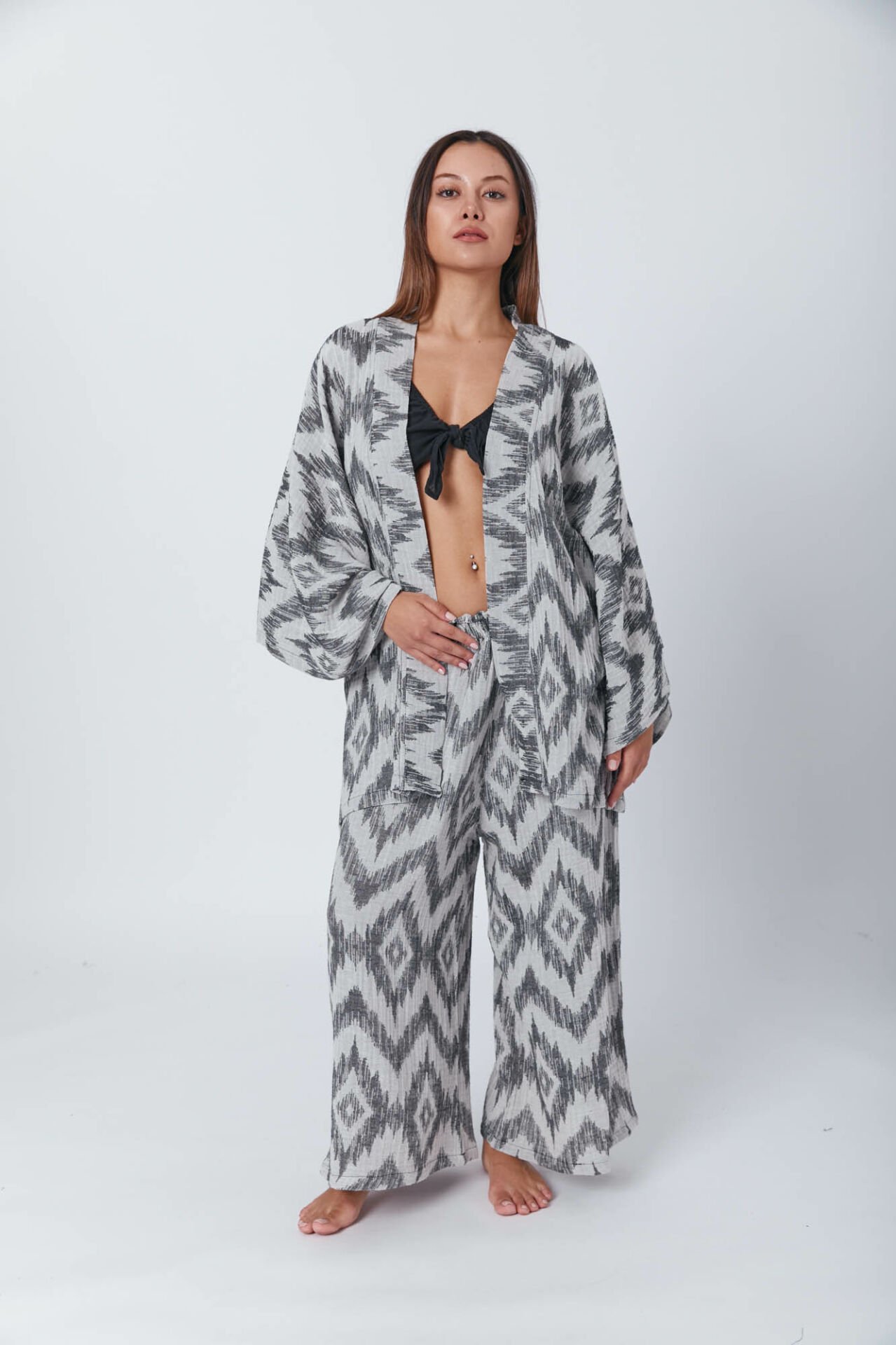 Niseko Zigzag Desenli Müslin Kimono-Pantolon Takım