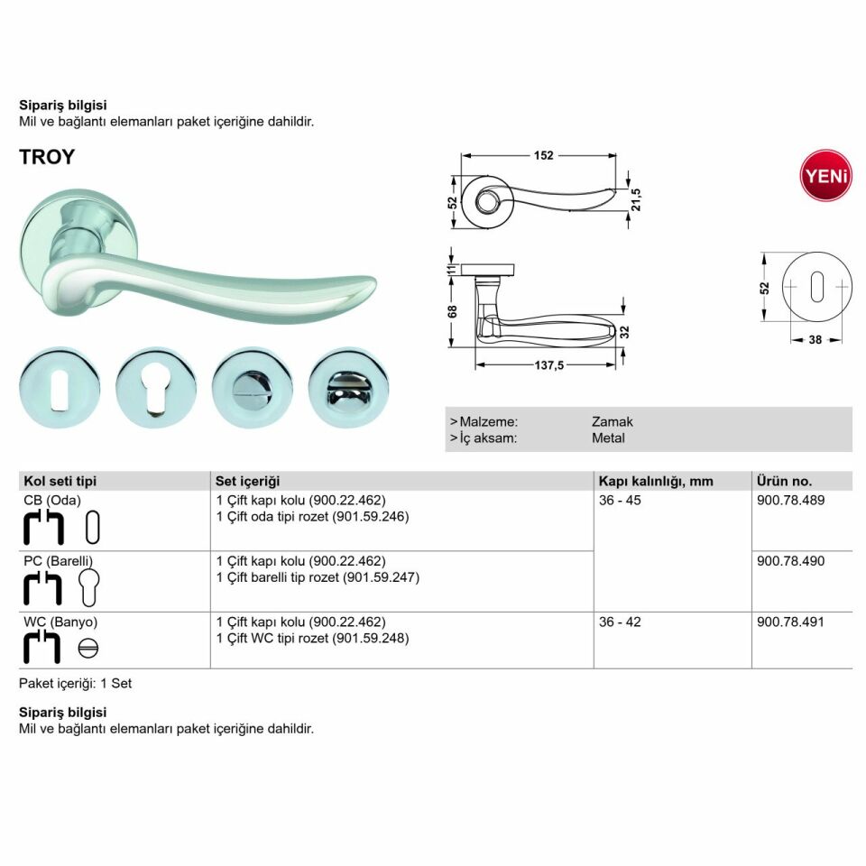 Hafele Kapı Kolu Seti Troy Oda Parlak Krom