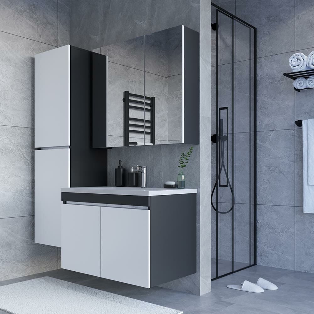 Teta Home Tokyo 80 Cm Mdf Banyo Dolabı Seti +Boy Dolabı Antrasit-Beyaz