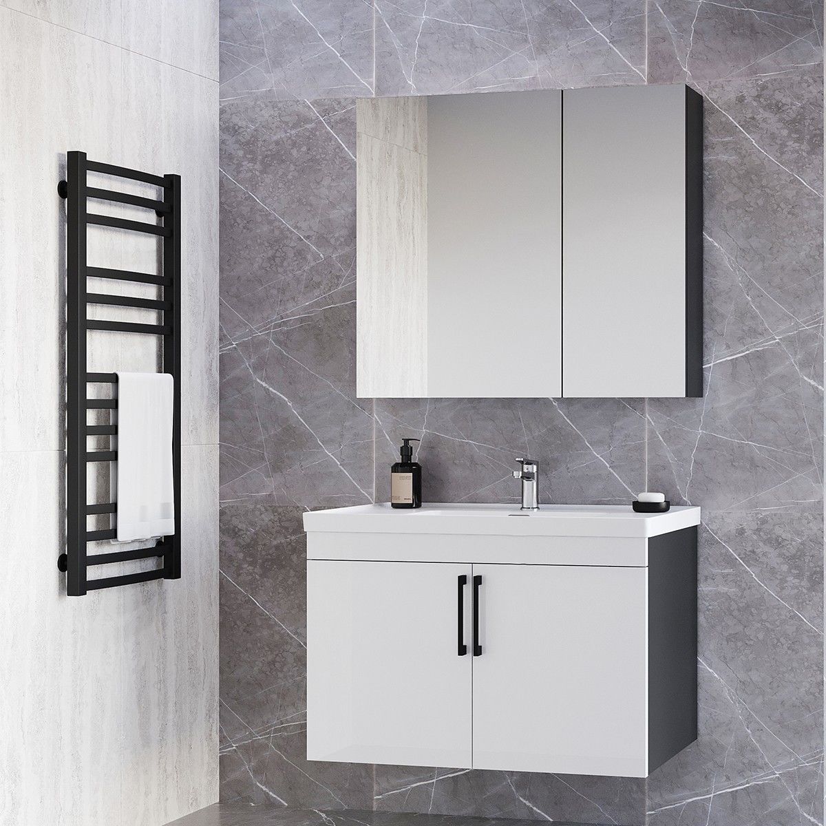 Teta Home Yalova 80cm Antrasit-Parlak Akrilik Beyaz MDF Banyo Dolabı Seti