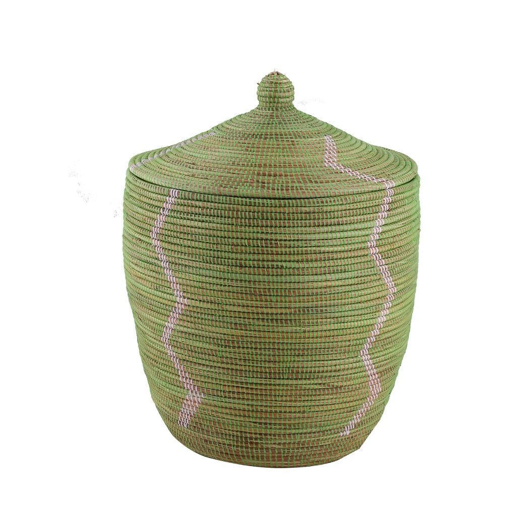 Hasır Sepet Zigzag Kapaklı Yeşil/Beyaz Çizgi Q:44 cm