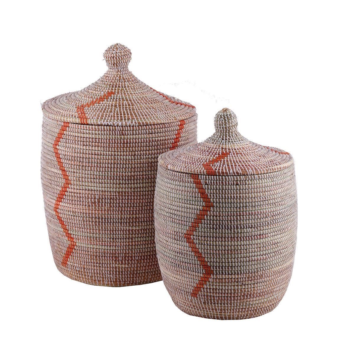 Hasır Sepet Zigzag Kapaklı Beyaz/Turuncu Çizgi Q:44 cm