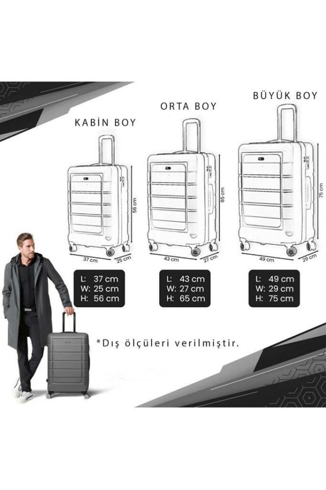 Orta Ve Kabin Boy Polikarbon Valiz 4x2 Teker Gri 1177