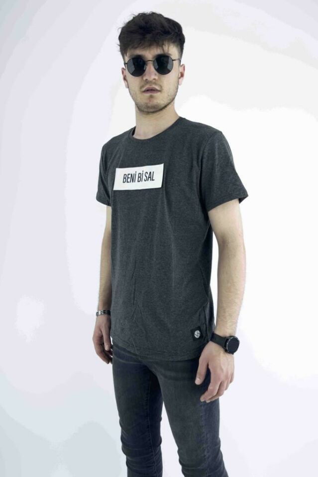 Erkek Antrasit Slim Fit Mood T-shirt Cırt Cırtlı Değiştirilebilir Mood Sticker