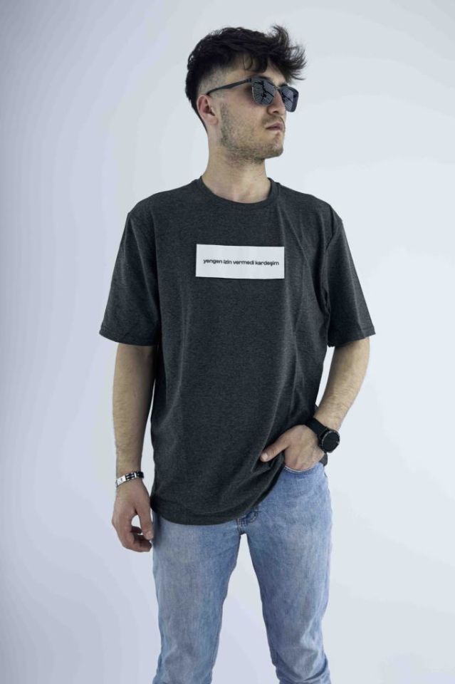 Erkek Antrasit Oversize Mood T-shirt Cırt Cırtlı Değiştirilebilir Mood Sticker