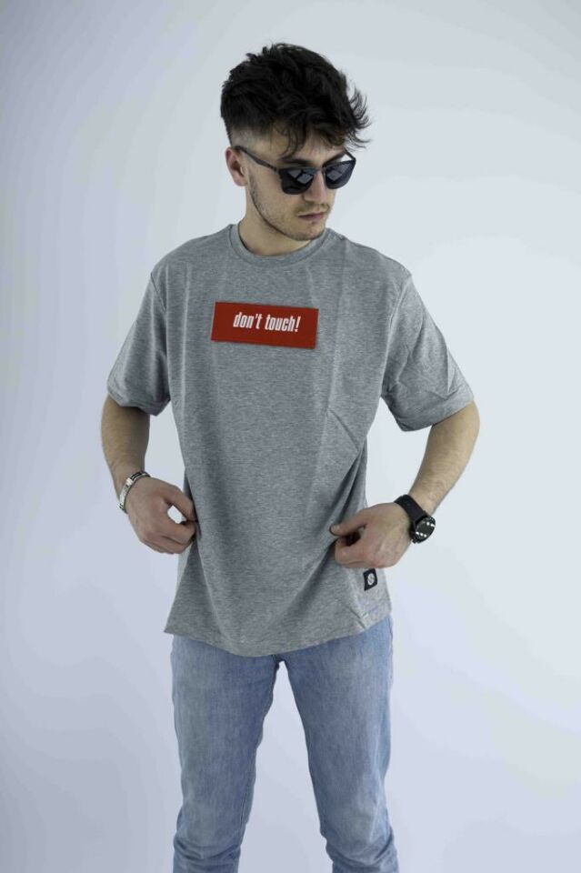 Erkek Gri Oversize Mood T-shirt Cırt Cırtlı Değiştirilebilir Mood Sticker