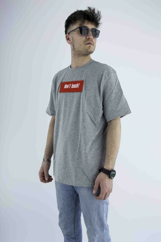 Erkek Gri Oversize Mood T-shirt Cırt Cırtlı Değiştirilebilir Mood Sticker