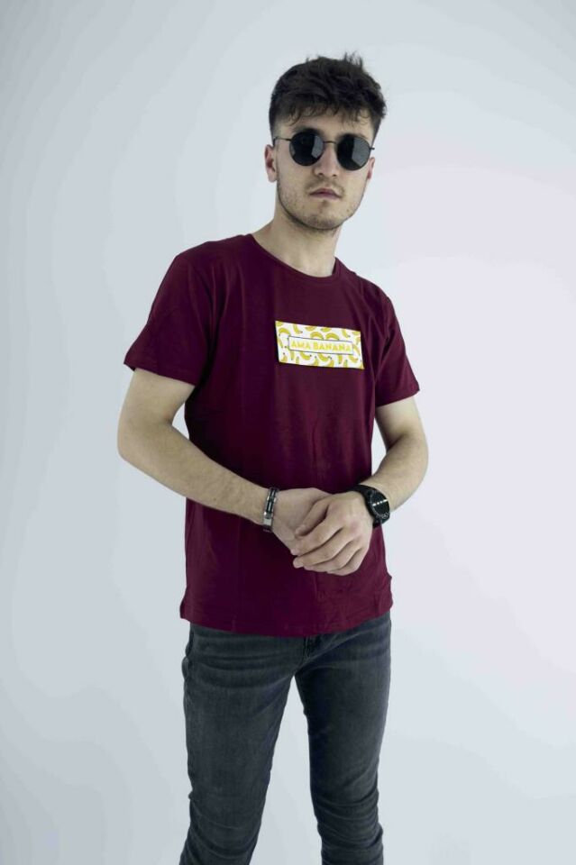 Erkek Bordo Slim Fit Mood T-shirt Cırt Cırtlı Değiştirilebilir Mood Sticker