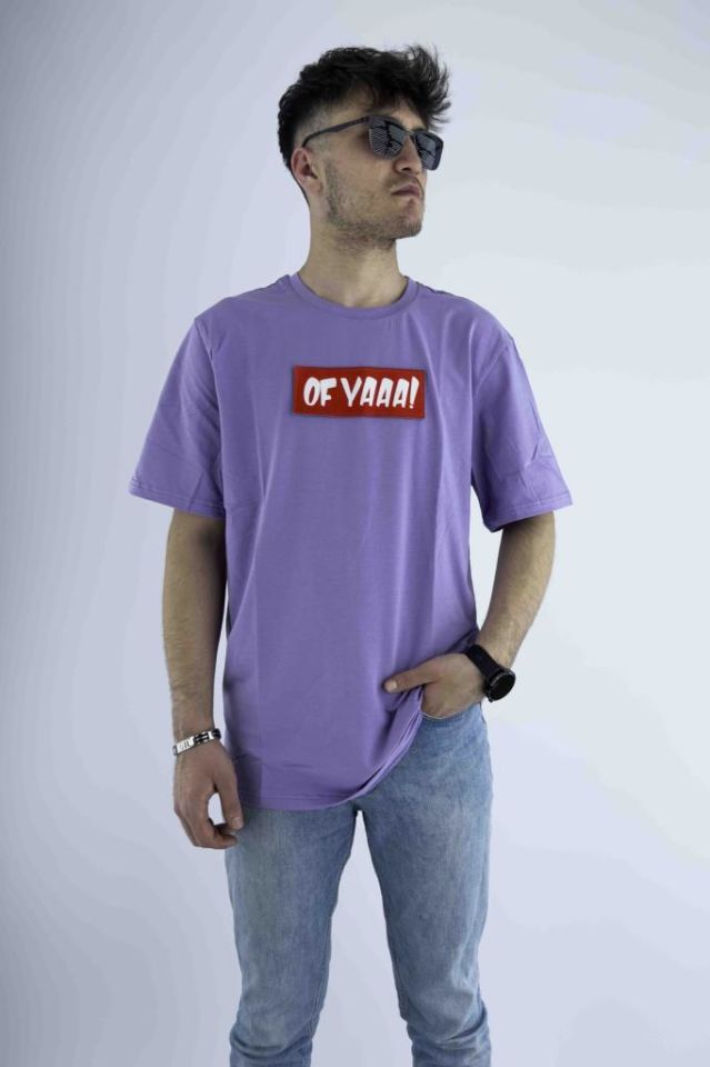 Erkek Lila Oversize Mood T-shirt Cırt Cırtlı Değiştirilebilir Mood Sticker