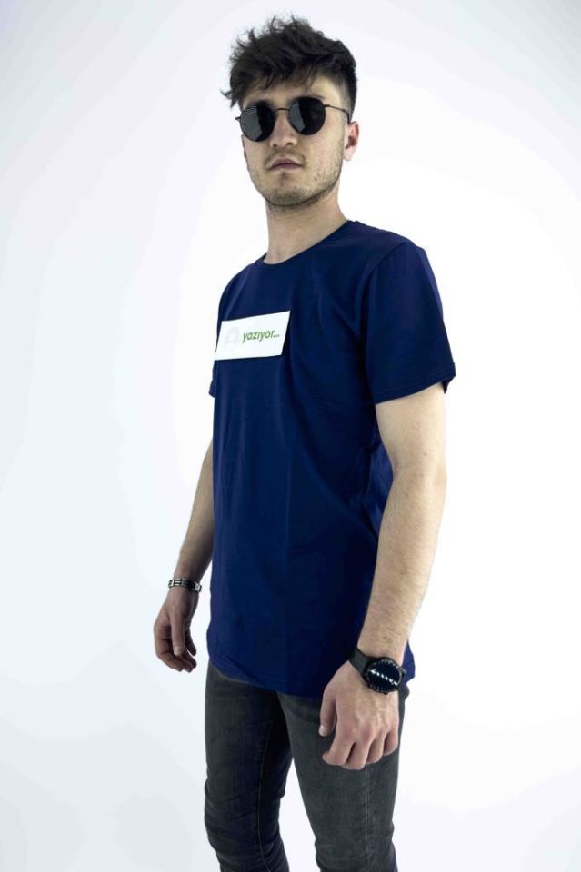 Erkek Lacivert Slim Fit Mood T-shirt Cırt Cırtlı Değiştirilebilir Mood Sticker