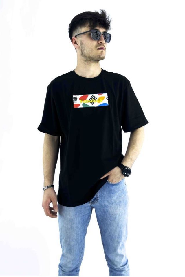 Erkek Siyah Oversize Mood T-shirt Cırt Cırtlı Değiştirilebilir Mood Sticker