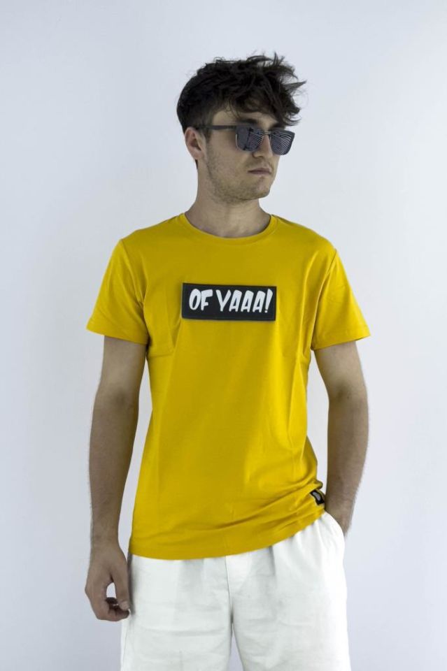 Erkek Sarı Slim Fit Mood T-shirt Cırt Cırtlı Değiştirilebilir Mood Sticker