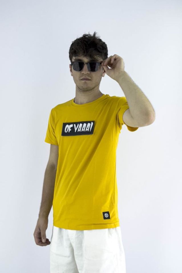 Erkek Sarı Slim Fit Mood T-shirt Cırt Cırtlı Değiştirilebilir Mood Sticker