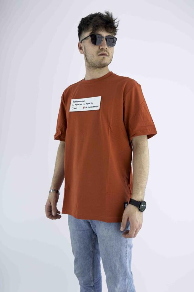 Erkek Turuncu Oversize Mood T-shirt Cırt Cırtlı Değiştirilebilir Mood Sticker