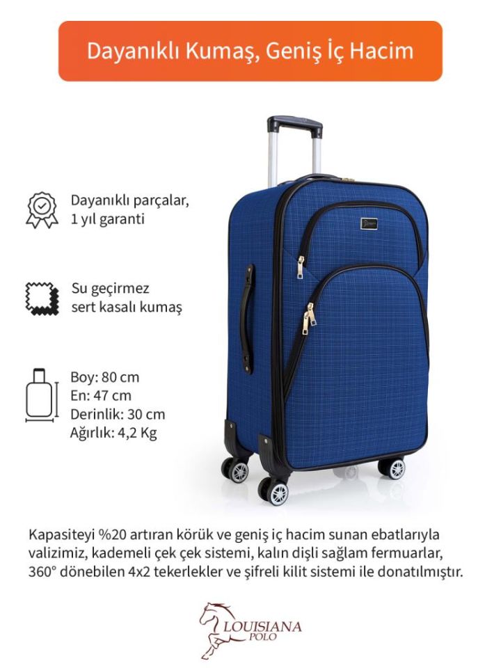 Büyük Boy 4 Teker Kumaş Valiz Saks Mavi 1081