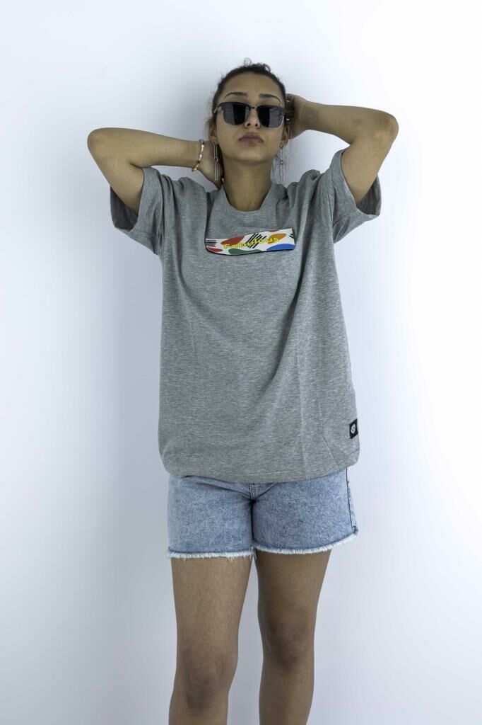 Kadın Gri Oversize Mood T-shirt Cırt Cırtlı Değiştirilebilir Mood Sticker