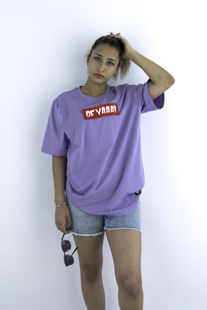 Kadın Lila Oversize Mood T-shirt Cırt Cırtlı Değiştirilebilir Mood Sticker