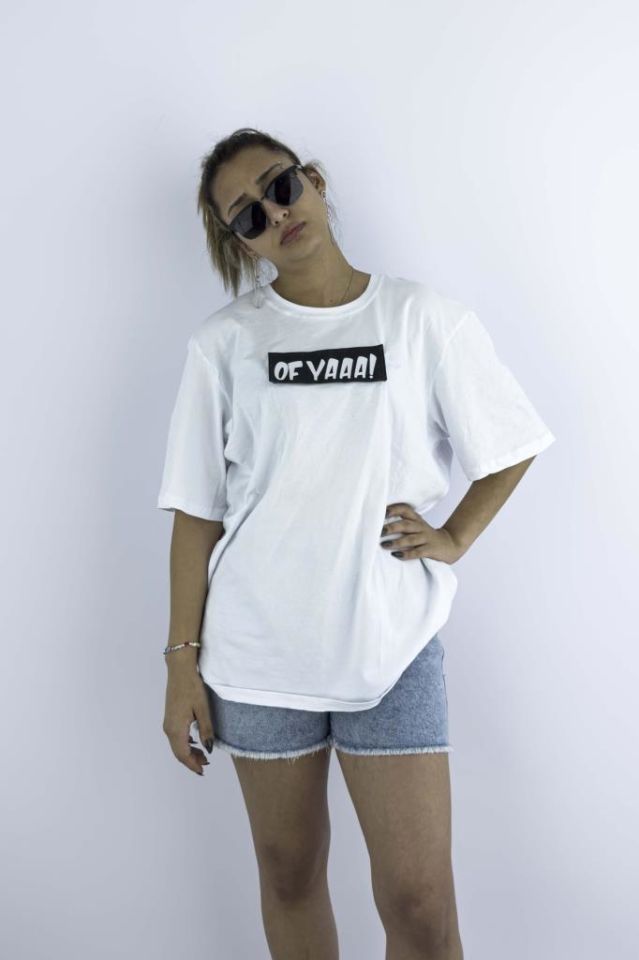 Kadın Ekru Oversize Mood T-shirt Cırt Cırtlı Değiştirilebilir Mood Sticker