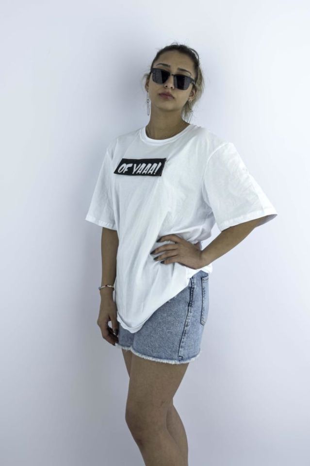 Kadın Ekru Oversize Mood T-shirt Cırt Cırtlı Değiştirilebilir Mood Sticker