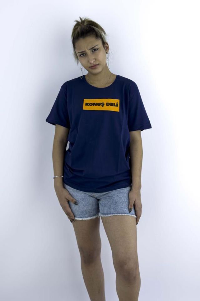 Kadın Lacivert Oversize Mood T-shirt Cırt Cırtlı Değiştirilebilir Mood Sticker