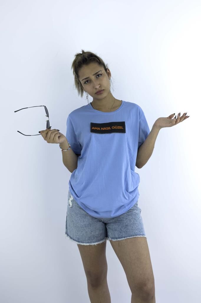 Kadın Mavi Oversize Mood T-shirt Cırt Cırtlı Değiştirilebilir Mood Sticker