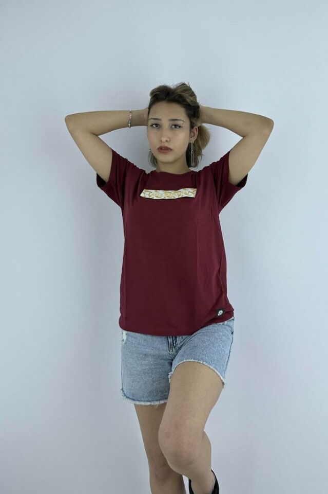 Kadın Bordo Slim Fit Mood T-shirt Cırt Cırtlı Değiştirilebilir Mood Sticker