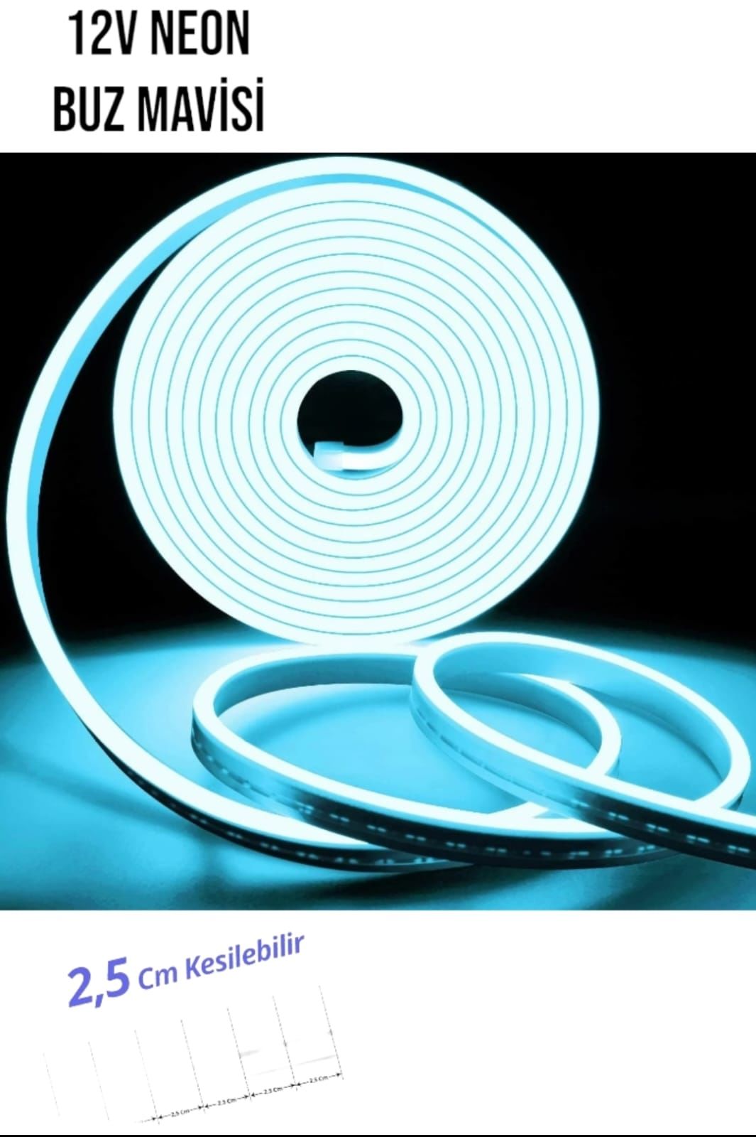 12 Volt Neon Şerit LED Buz Mavisi 5 Metre Rulo