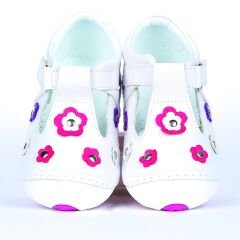 Hakiki Deri Ortopedik İlk Adım Bebek Ayakkabısı 7 Çiçek Beyaz