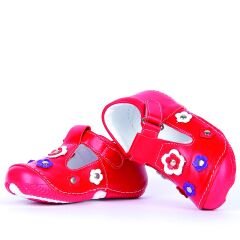 Hakiki Deri Ortopedik İlk Adım Bebek Ayakkabısı 7 Çiçek Kırmızı