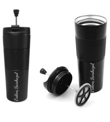 Kişiye Özel French Press Özellikli 450ML Çelik Termos & Elit 375gr Madlen Çikolata & Hakiki Deri Fermuarlı Unisex Portföy Cüzdan & Siyah Mat Kupa Premium Hediye Seti