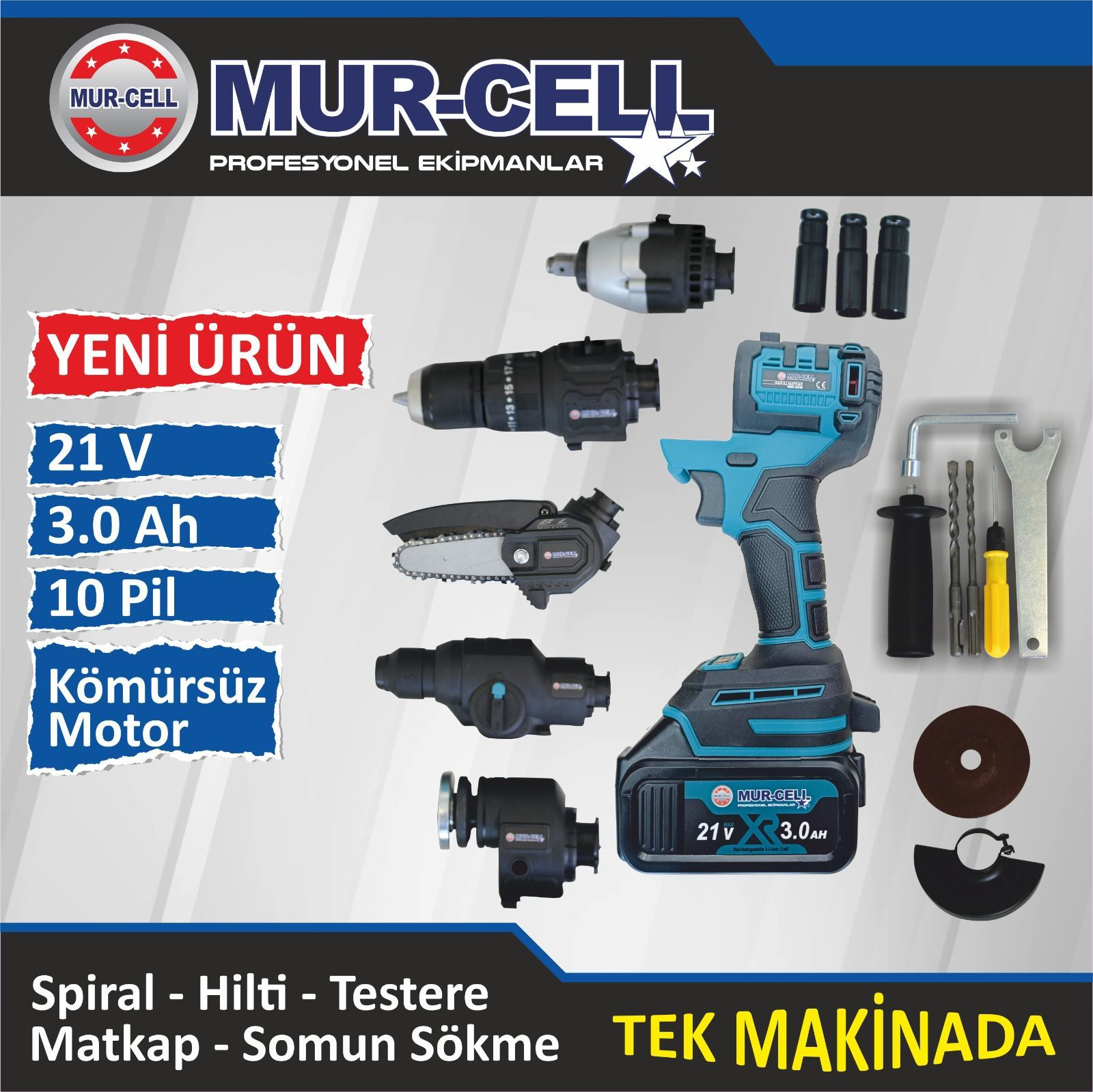 Murcell Çok Fonksiyonlu Akülü Set Spiral+Matkap+Somun Sökme+Testere