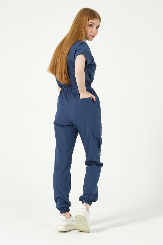 Fırtına Mavi Likralı Scrubs Kargo Cep Jogger Paça Doktor Hemşire Forması Yarasa Kol Takım Unisex