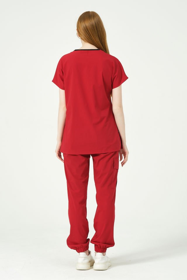 Kırmızı Likralı Scrubs Kargo Cep Jogger Paça Doktor Hemşire Forması Yarasa Kol Takım Unisex