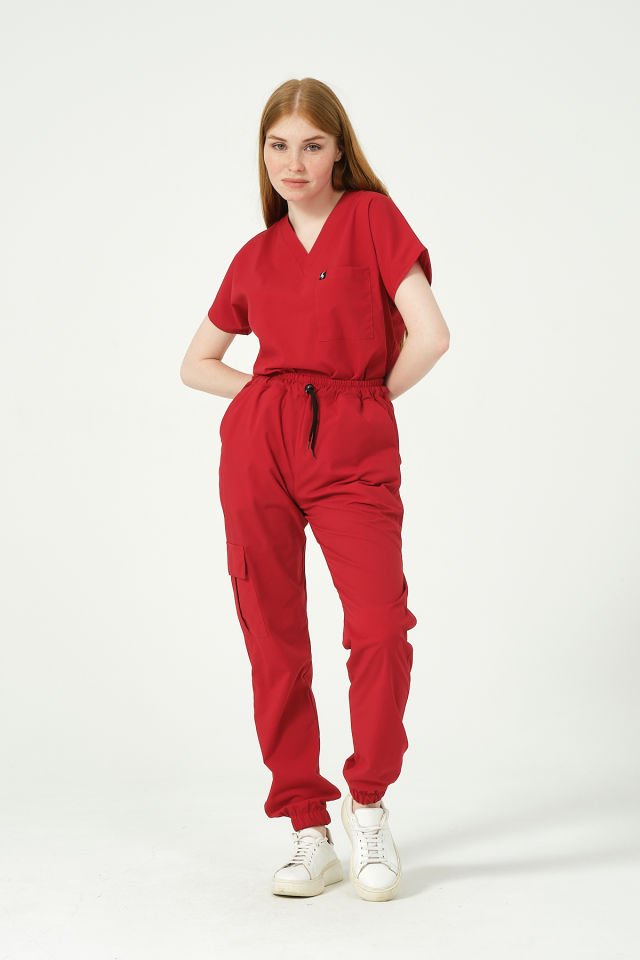Kırmızı Likralı Scrubs Kargo Cep Jogger Paça Doktor Hemşire Forması Yarasa Kol Takım Unisex