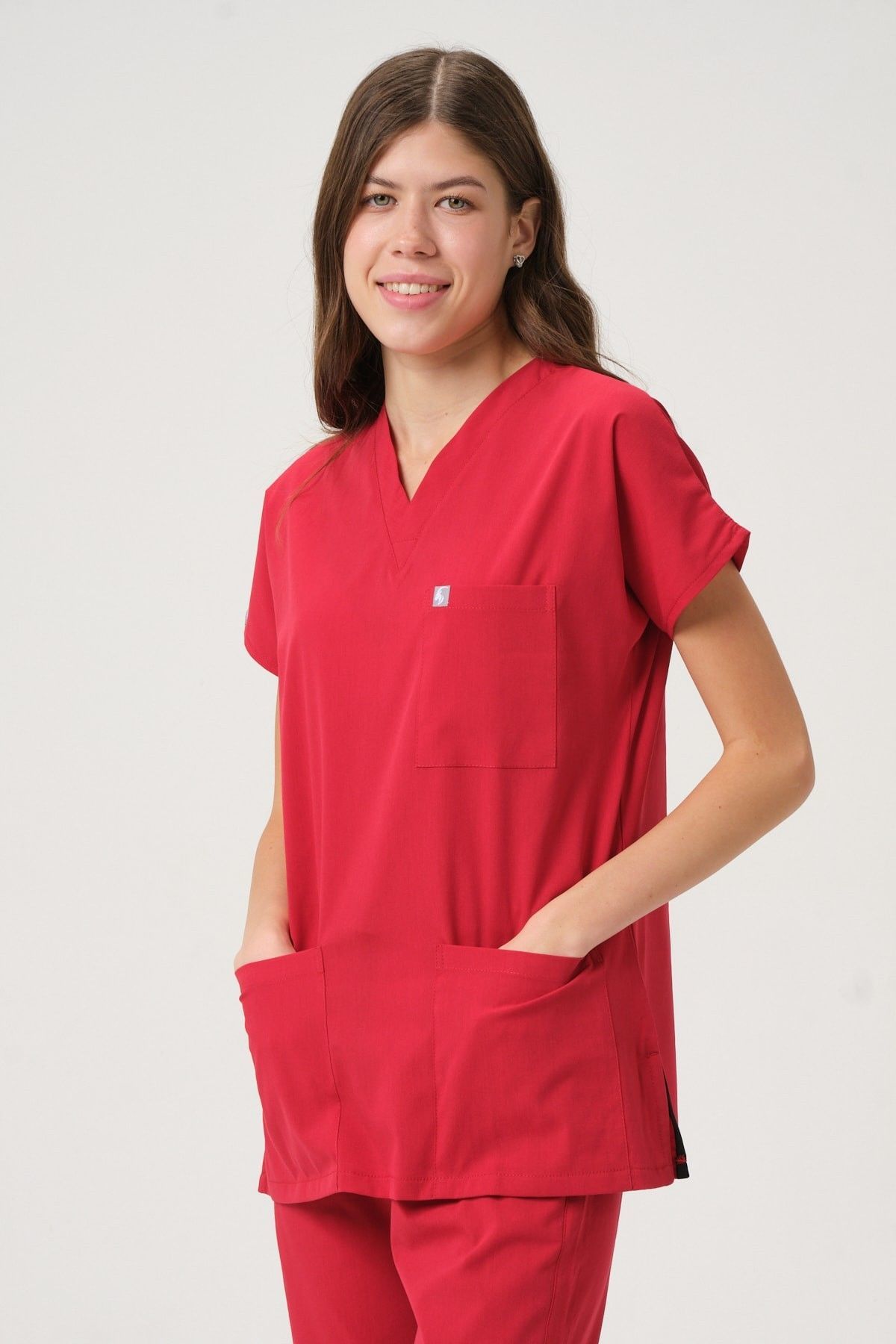 Kırmızı Likralı Scrubs Doktor Hemşire Forması Yarasa Kol Takım Unisex