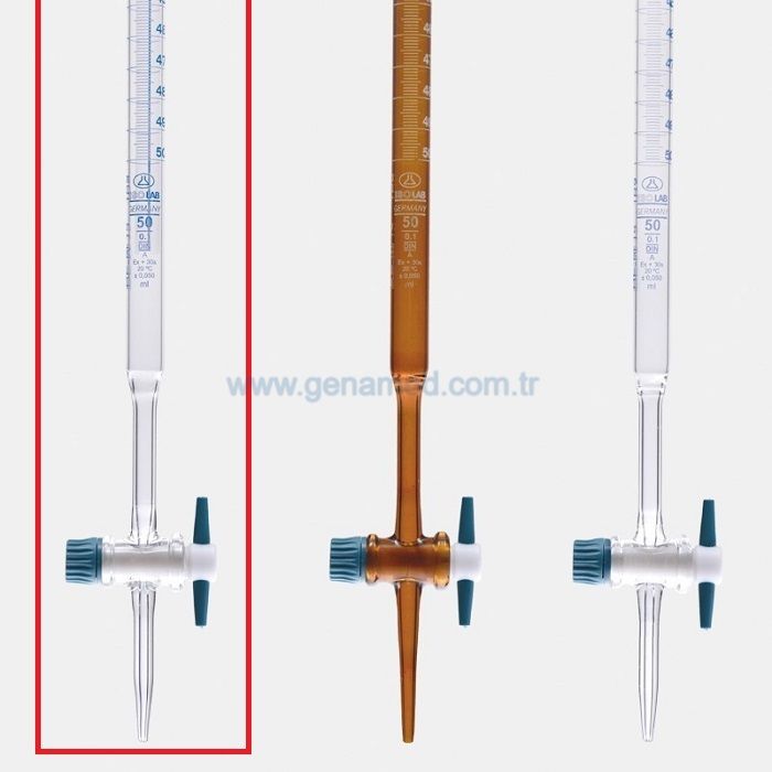 ISOLAB 017.01.025 büret - düz - şeffaf - PTFE musluklu - AS kalite - grup sertifikalı - şelbah çizgili - mavi skala - 25 ml    1 adet = 1 adet