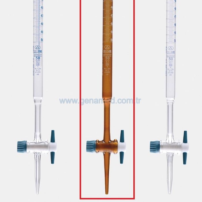 ISOLAB 018.01.025 büret - düz - amber - PTFE musluklu - AS kalite - grup sertifikalı - beyaz skala - 25 ml    1 adet = 1 adet