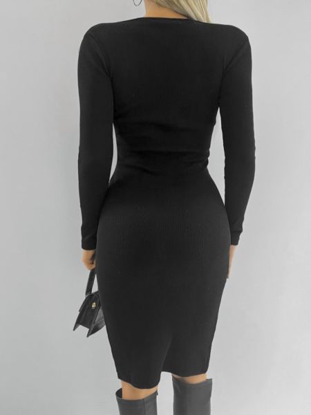 CANSUYILMAZ Kadın Siyah Uzun Kollu V Yakalı Fermuarlı Yırtmaçlı Kaşkorse Midi Elbise
