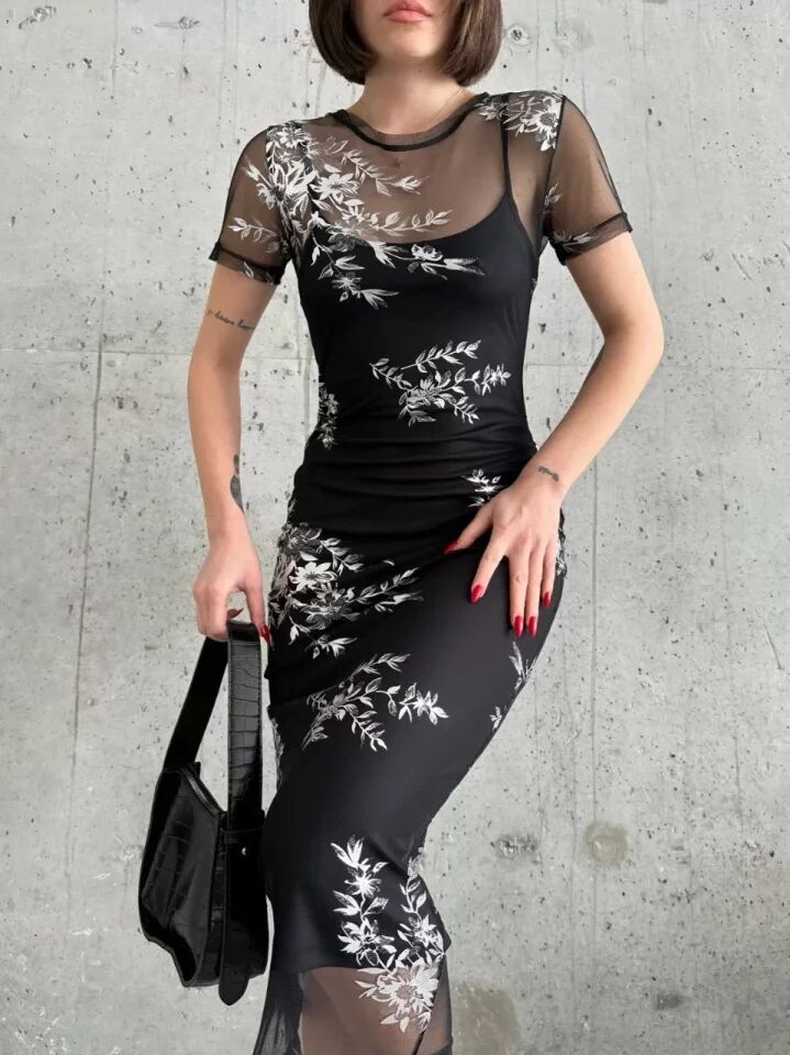 CANSUYILMAZ Baskılı Şifon Kimono Elbise - Siyah