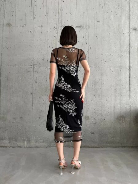 CANSUYILMAZ Baskılı Şifon Kimono Elbise - Siyah