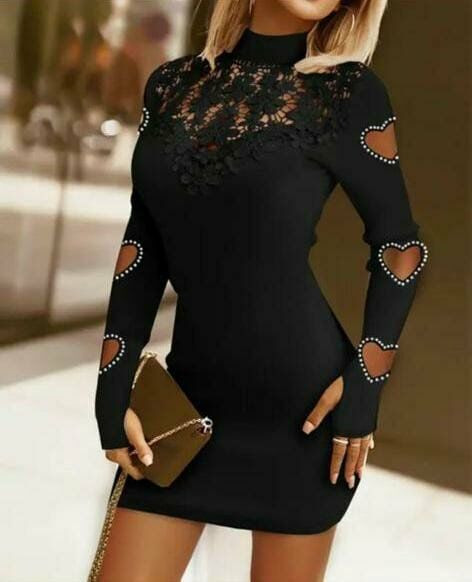 Kadın Dalgıç Kumaş Dantel Ve Taşlı Kalp Pencere Detaylı Elbise
