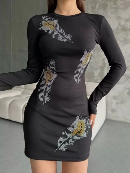 CANSUYILMAZ Uzun Kollu Taş Detaylı Elbise - Siyah
