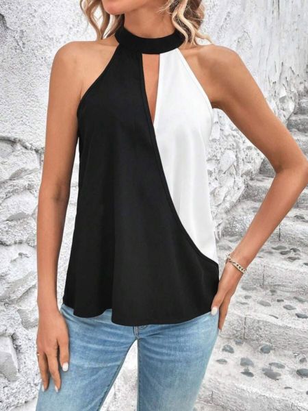 CANSUYILMAZ Kadın Kolsuz Yakası Pencere Detay Siyah Beyaz çift Renk Sandy Bluz