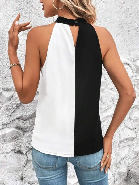 CANSUYILMAZ Kadın Kolsuz Yakası Pencere Detay Siyah Beyaz çift Renk Sandy Bluz
