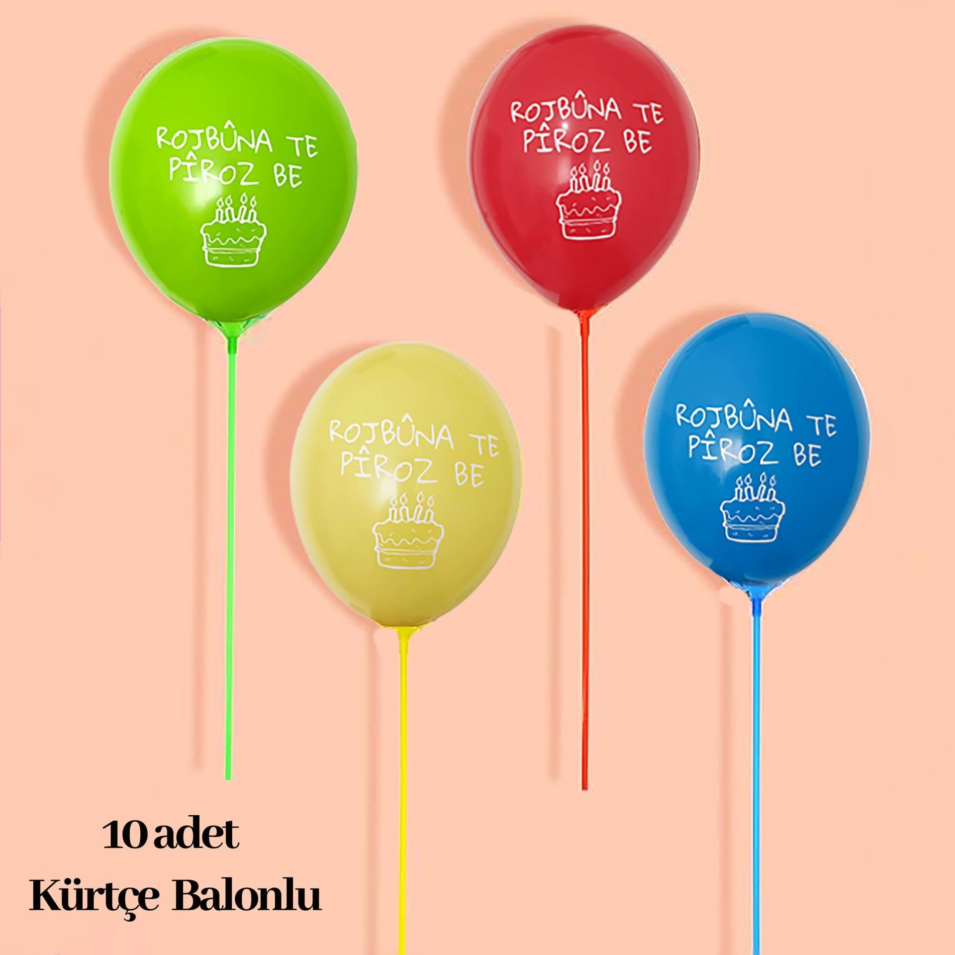 Renkli Balon Çubuklu 10 adet Kürtçe Doğum Günü Balonu (10 KÜRTÇE BALONLU)