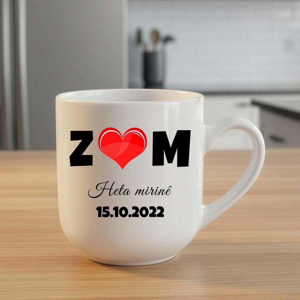 Sevgililere Özel Harfli Tarihli Elite Beyaz Kalpli Kupa Bardak - Heta Mirinê Kürtçe Elite Kupası