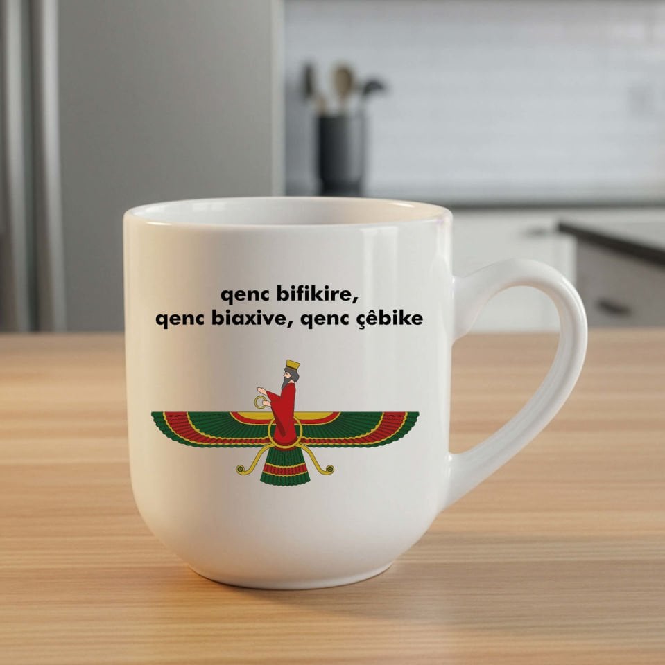 Ahura Mazda Motifli Elite Beyaz Kupa Bardak - Ahura Mazda Kürtçe Yazılı Elite Kupası