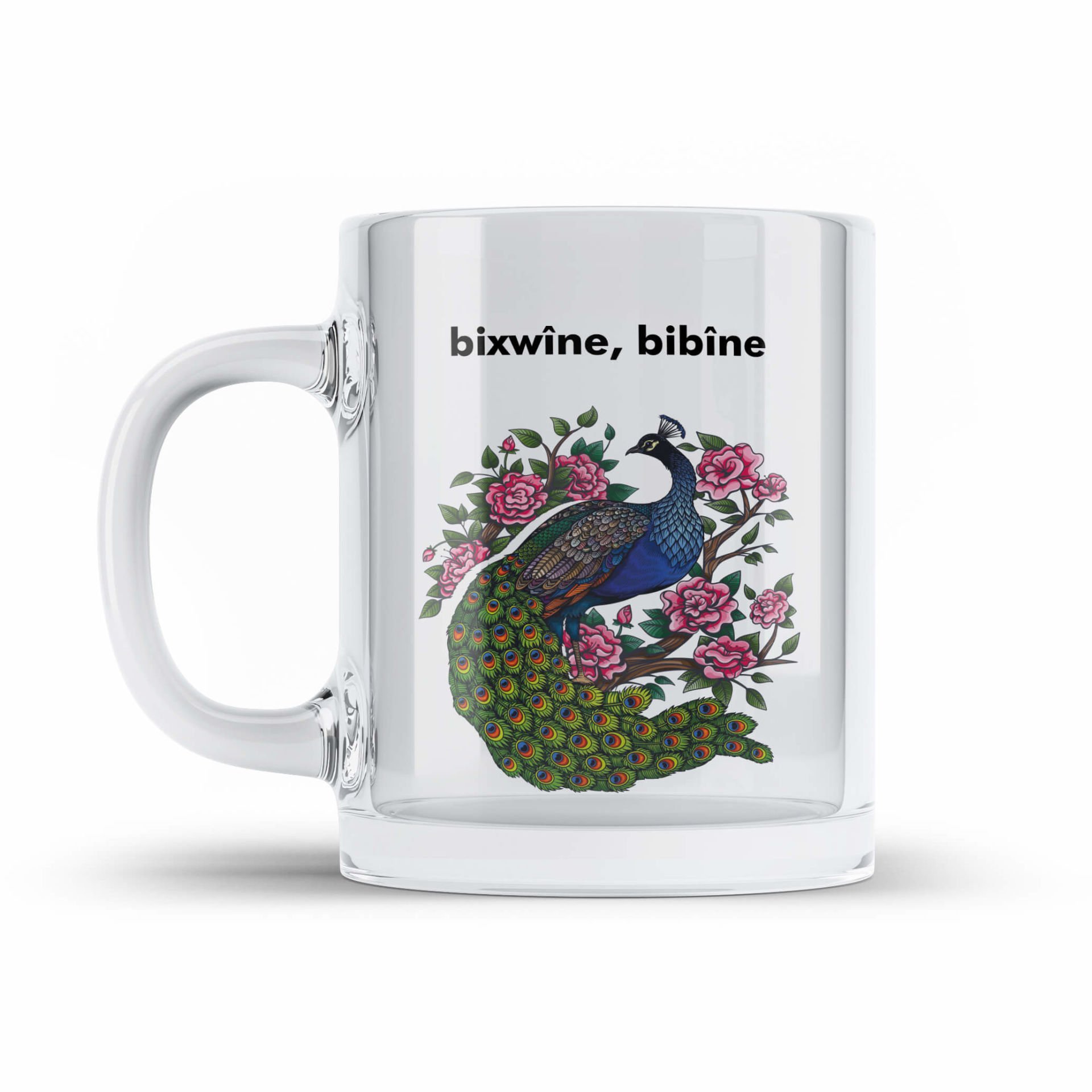 Melekê Tawis Bixwine Bibîne Şeffaf Camlı Kupa Bardak - Tavus Kuşu Resimli Bardağı